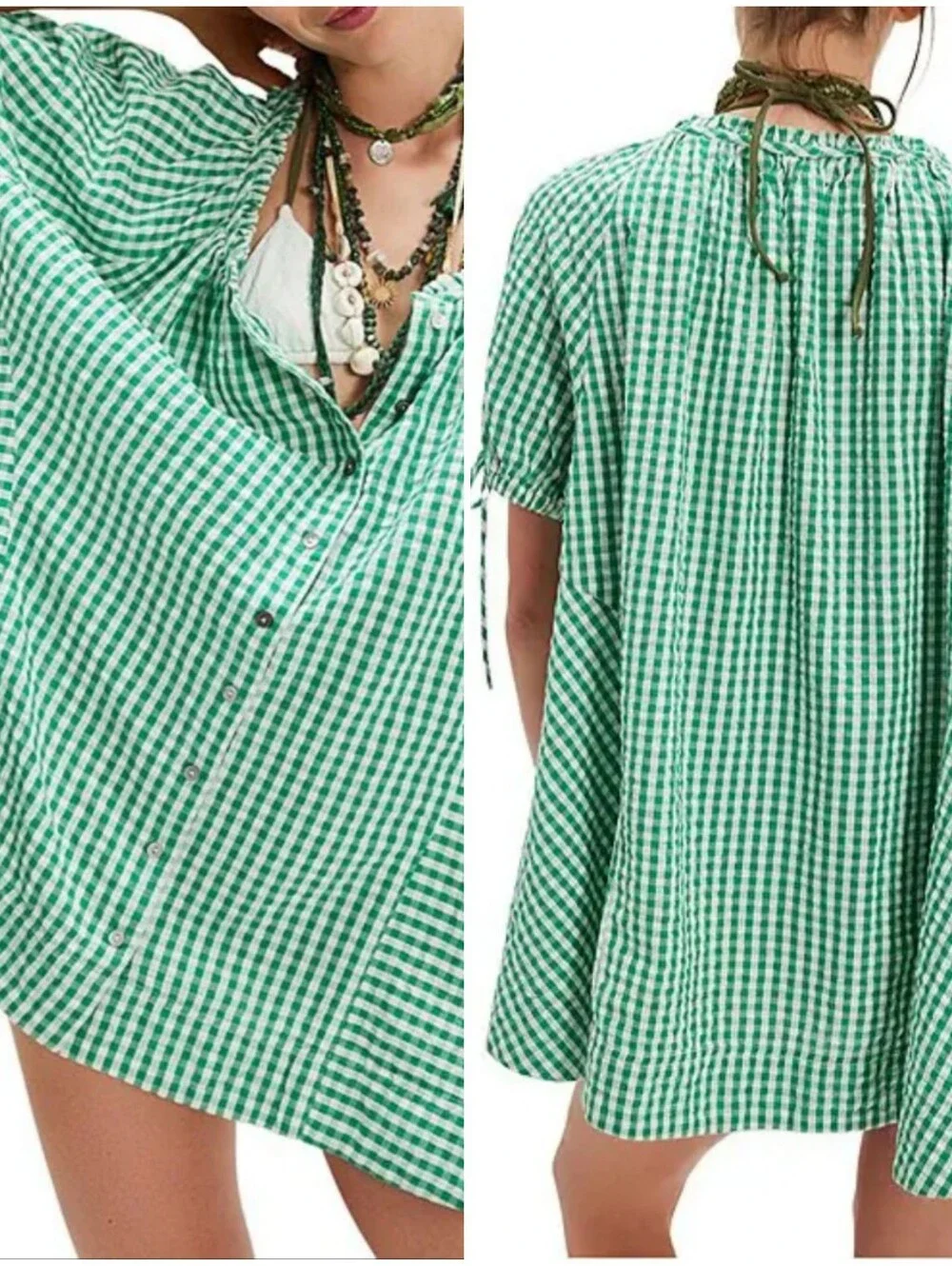 Free People Farley Gingham Tunic Mini Shirt Dress L Puffed Tie Sleeves Cottage